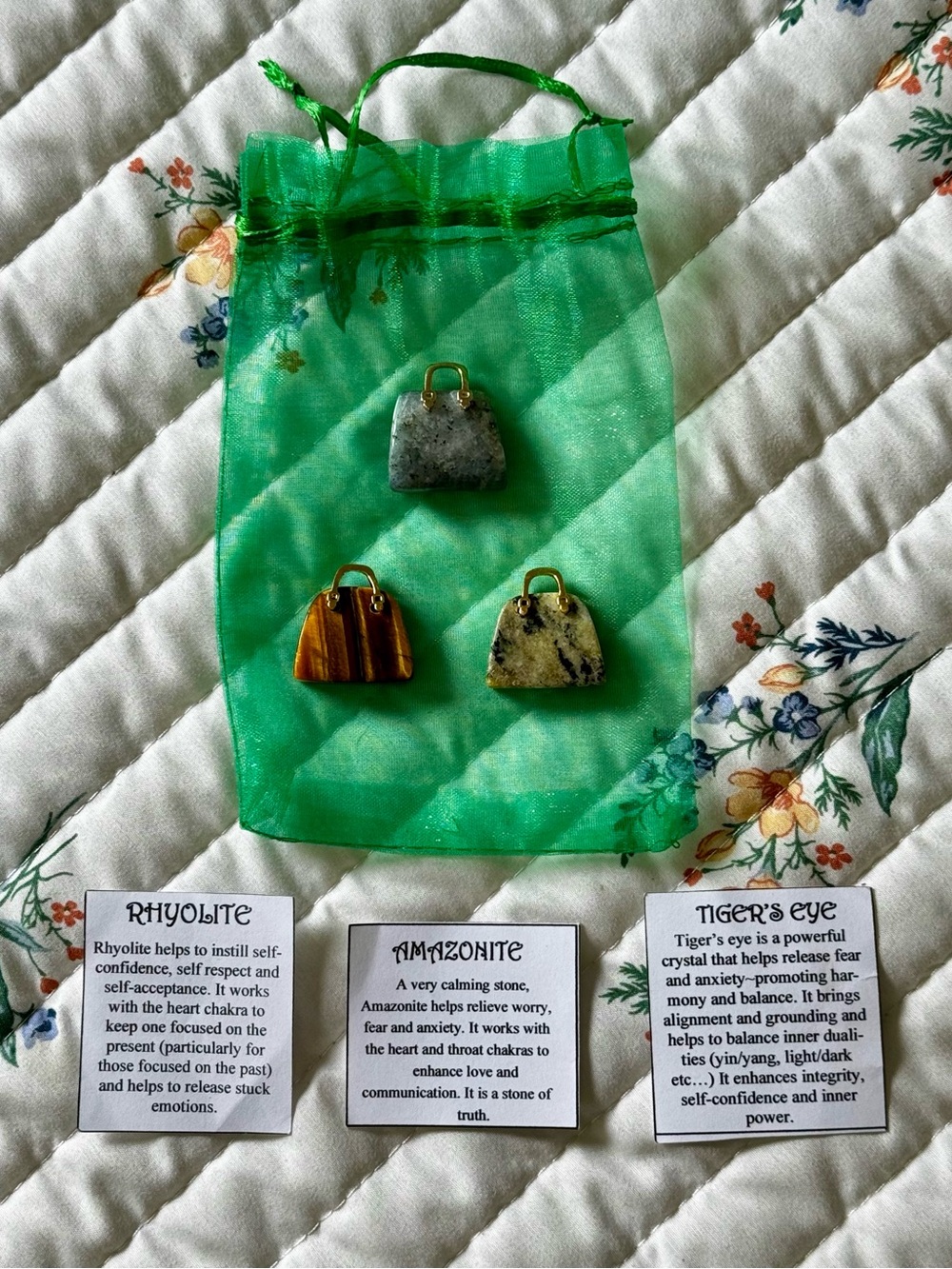 Brand New Tiger’s Eye, Amazonite & Rhyolite Crystal Pendant Set – 3 Piece Bundle